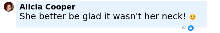 Comment from Alicia Cooper saying she hopes the influencer is okay after fracturing her spine attempting Nicki Minaj stiletto challenge. Comment from Alicia Cooper saying she hopes the influencer is okay after fracturing her spine attempting Nicki Minaj stiletto challenge.