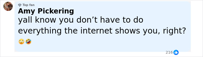 Comment from top fan Amy Pickering warning against following risky internet challenges, related to influencer spine fracture incident. Comment from top fan Amy Pickering warning against following risky internet challenges, related to influencer spine fracture incident.