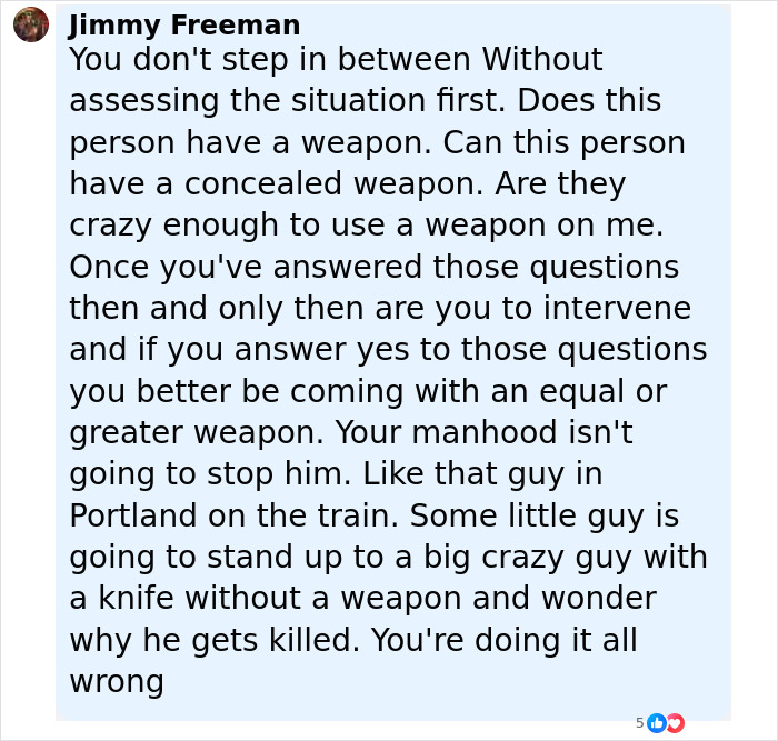 Comment by Jimmy Freeman discussing risks a Good Samaritan faces when protecting helpless mom and children from a frenzied attacker. Comment by Jimmy Freeman discussing risks a Good Samaritan faces when protecting helpless mom and children from a frenzied attacker.