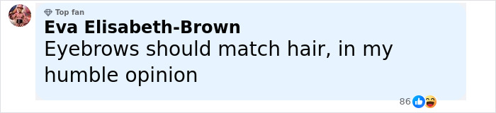 Comment from Eva Elisabeth-Brown about eyebrows matching hair in Jenna Ortega fans' discussion on Wednesday looks. Comment from Eva Elisabeth-Brown about eyebrows matching hair in Jenna Ortega fans' discussion on Wednesday looks.