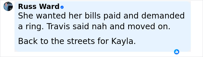 Screenshot of a social media comment about Travis Kelce's ex and her reaction following his engagement to Taylor Swift. Screenshot of a social media comment about Travis Kelce's ex and her reaction following his engagement to Taylor Swift.