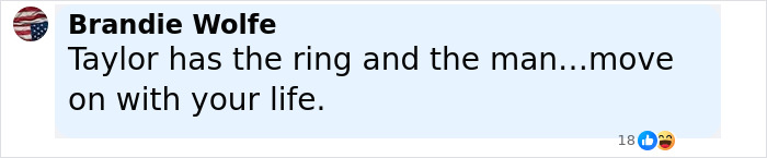 Comment by Travis Kelce's ex Brandie Wolfe expressing moving on after Taylor Swift's engagement in a social media post. Comment by Travis Kelce's ex Brandie Wolfe expressing moving on after Taylor Swift's engagement in a social media post.