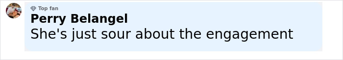 Screenshot of a comment by Perry Belangel reacting to Travis Kelce’s ex breaking silence after Taylor Swift engagement. Screenshot of a comment by Perry Belangel reacting to Travis Kelce’s ex breaking silence after Taylor Swift engagement.