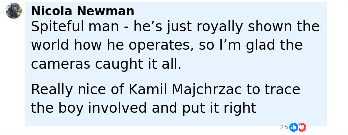 Comment by Nicola Newman discussing a spiteful man and Kamil Majchrzac tracing a boy involved in a US Open hat incident. Comment by Nicola Newman discussing a spiteful man and Kamil Majchrzac tracing a boy involved in a US Open hat incident.