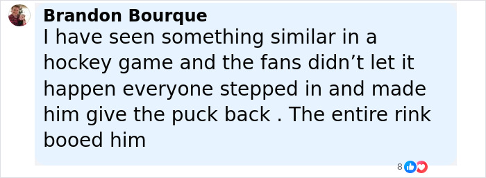 Comment by Brandon Bourque discussing a hockey game incident where fans stopped a puck snatcher and booed him. Comment by Brandon Bourque discussing a hockey game incident where fans stopped a puck snatcher and booed him.