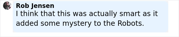 Rob Jensen commenting that removing his name added mystery to the Robots, relating to Will Smith's co-actor publicity claim. Rob Jensen commenting that removing his name added mystery to the Robots, relating to Will Smith's co-actor publicity claim.