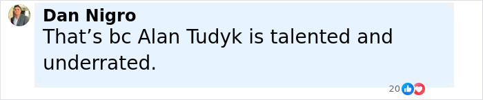 Comment by Dan Nigro stating Alan Tudyk is talented and underrated in a social media post about Will Smith's co-actor dispute. Comment by Dan Nigro stating Alan Tudyk is talented and underrated in a social media post about Will Smith's co-actor dispute.