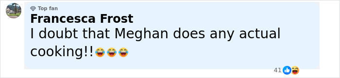 Comment mentioning doubt about Meghan Markle doing actual cooking, related to Pamela Anderson cooking show debate. Comment mentioning doubt about Meghan Markle doing actual cooking, related to Pamela Anderson cooking show debate.
