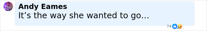 Comment on social media post reading it's the way she wanted to go, with 74 reactions including likes and sad faces. Comment on social media post reading it's the way she wanted to go, with 74 reactions including likes and sad faces.