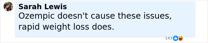 Comment by Sarah Lewis stating Ozempic does not cause vulva issues but rapid weight loss does in a social media post. Comment by Sarah Lewis stating Ozempic does not cause vulva issues but rapid weight loss does in a social media post.