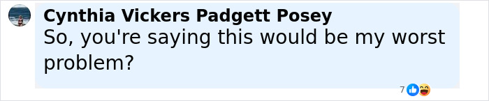 Facebook comment from Cynthia Vickers Padgett Posey saying "So, you're saying this would be my worst problem?" with reactions below, related to Ozempic vulva side effects. Facebook comment from Cynthia Vickers Padgett Posey saying "So, you're saying this would be my worst problem?" with reactions below, related to Ozempic vulva side effects.