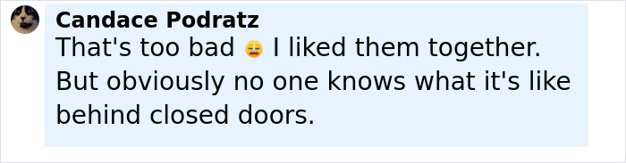 Comment by Candace Podratz expressing sympathy about Isla Fisher and Sasha Baron Cohen's tough couple of years amid split. Comment by Candace Podratz expressing sympathy about Isla Fisher and Sasha Baron Cohen's tough couple of years amid split.