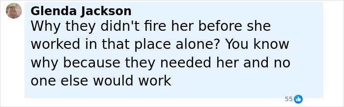 Comment from Glenda Jackson discussing reasons behind Burger King employee firing and work conditions. Comment from Glenda Jackson discussing reasons behind Burger King employee firing and work conditions.