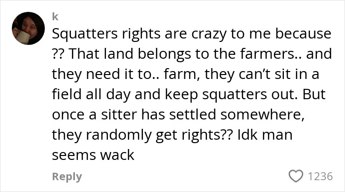 Comment discussing farmer rights and squatters amid viral story of spraying squatters with manure on farmland. Comment discussing farmer rights and squatters amid viral story of spraying squatters with manure on farmland.