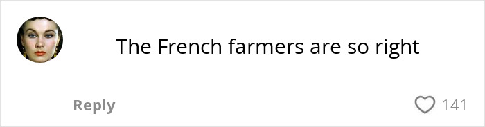 Comment reading The French farmers are so right shown in a social media post with 141 likes. Comment reading The French farmers are so right shown in a social media post with 141 likes.
