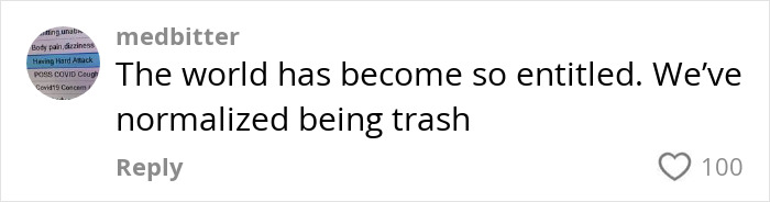 Screenshot of a social media comment discussing entitlement, featuring user medbitter's text about normalized behavior. Screenshot of a social media comment discussing entitlement, featuring user medbitter's text about normalized behavior.