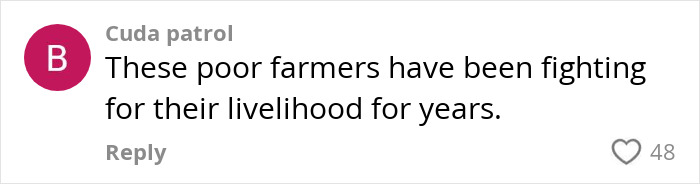 Comment reading These poor farmers have been fighting for their livelihood for years on a social media post about spraying squatters with manure. Comment reading These poor farmers have been fighting for their livelihood for years on a social media post about spraying squatters with manure.