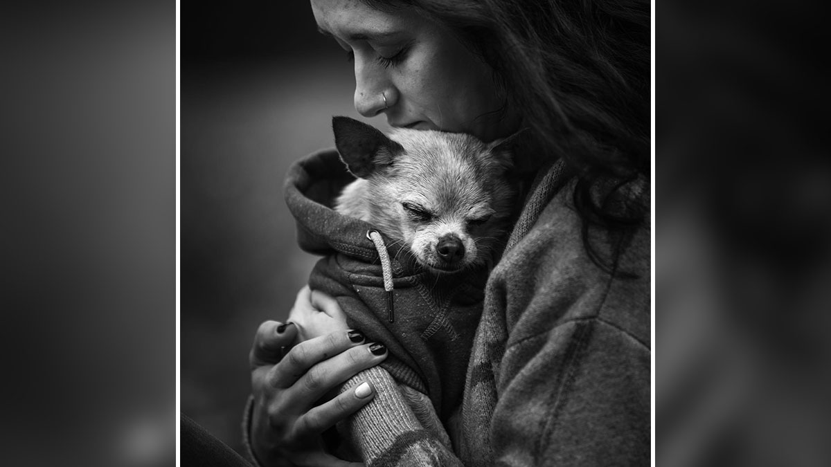 Woman holding and comforting her small dog in a touching moment that captures final moments between pets and their humans