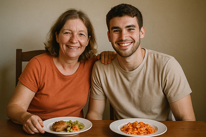 Teen smiling with woman at dining table, illustrating teen escapes dad’s babysitting trap situation. Teen smiling with woman at dining table, illustrating teen escapes dad’s babysitting trap situation.