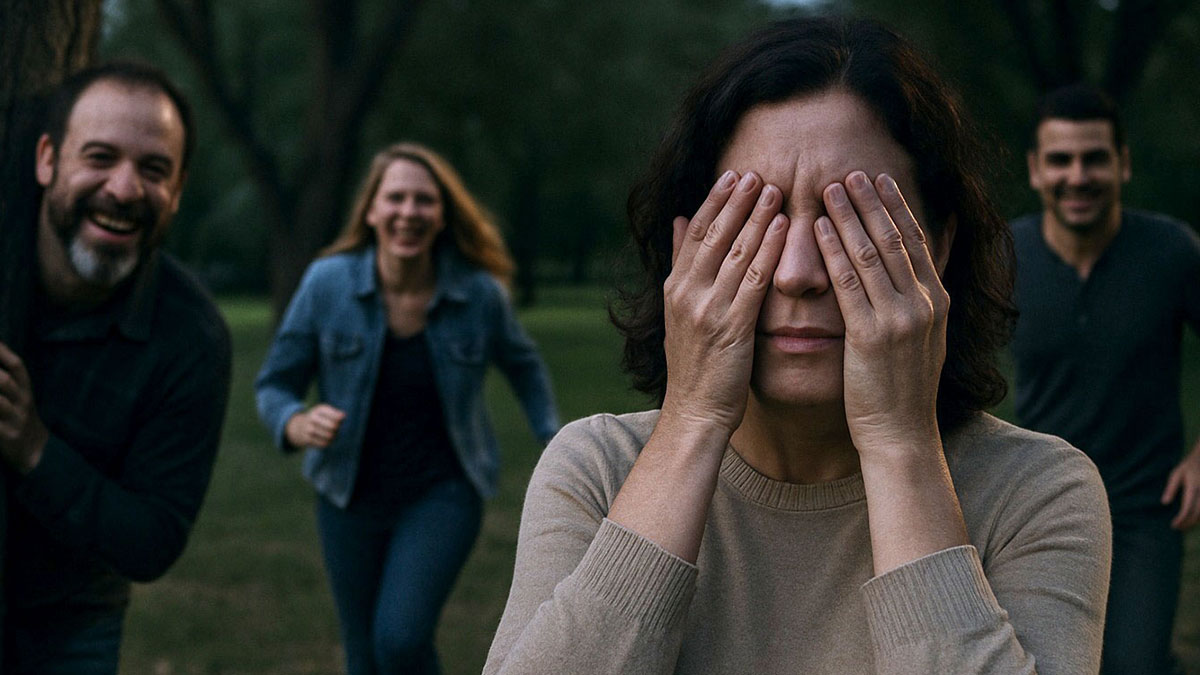 Woman covering eyes while three people chase her in a park, illustrating weirdest crimes committed by minors concept.