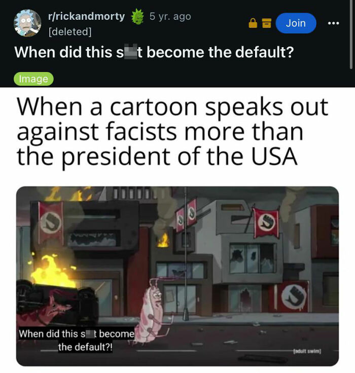 Scene from Rick and Morty showing a cartoon cockroach questioning rising fascism, reflecting aged like wine accurate predictions.