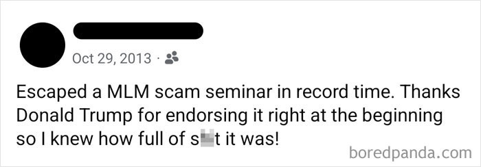 Screenshot of a social media post about escaping an MLM scam, highlighting accurate predictions like aged like wine.