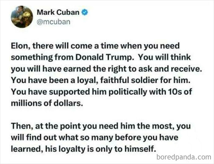 Mark Cuban’s tweet predicting loyalty and political support challenges highlighting accurate aged like wine predictions.