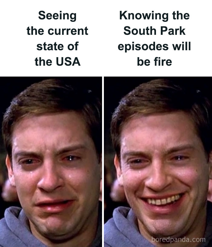Man showing contrasting emotions reacting to the current state of the USA and predicting South Park episodes will be fire aged like wine