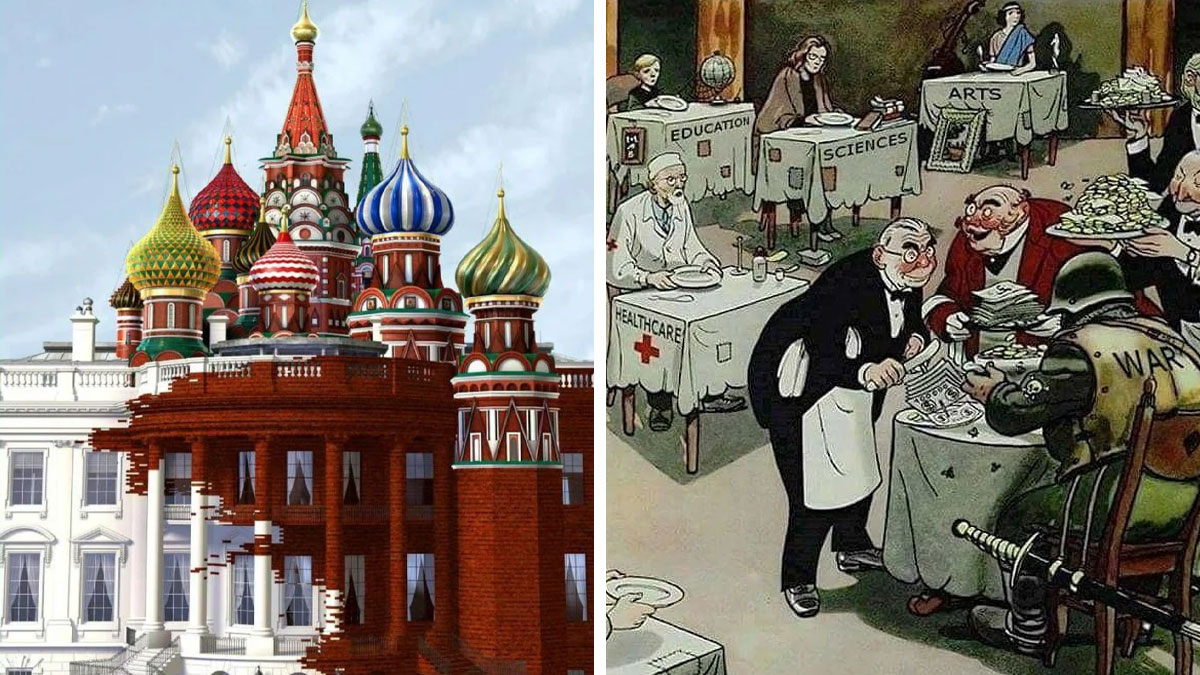 Split image showing a digitally altered Kremlin merging with a Western building and a satirical cartoon depicting war affecting healthcare and education predictions.