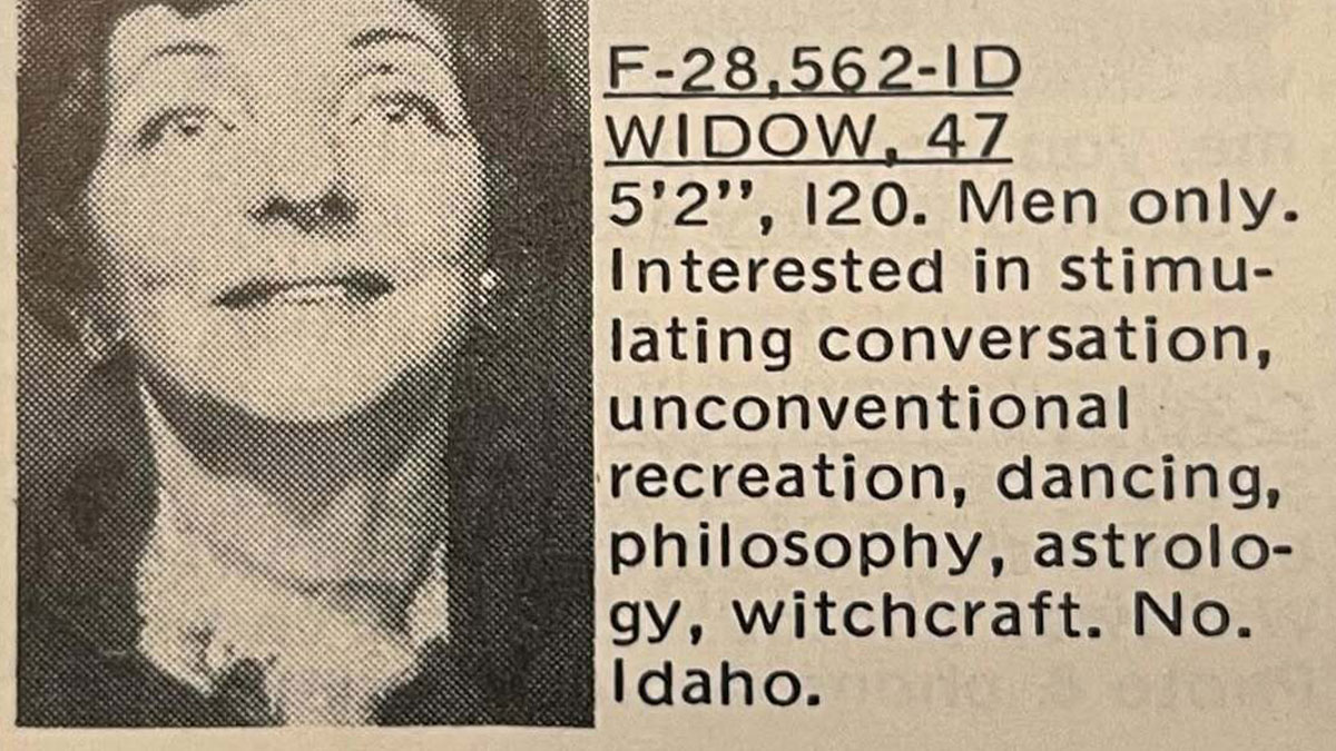Vintage personals ad featuring a 47-year-old widow seeking stimulating conversation and unconventional recreation.