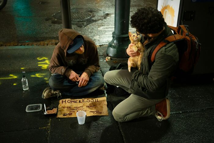 Man with backpack holding cat while sitting near homeless person on wet city sidewalk, highlighting society and performative behaviors.