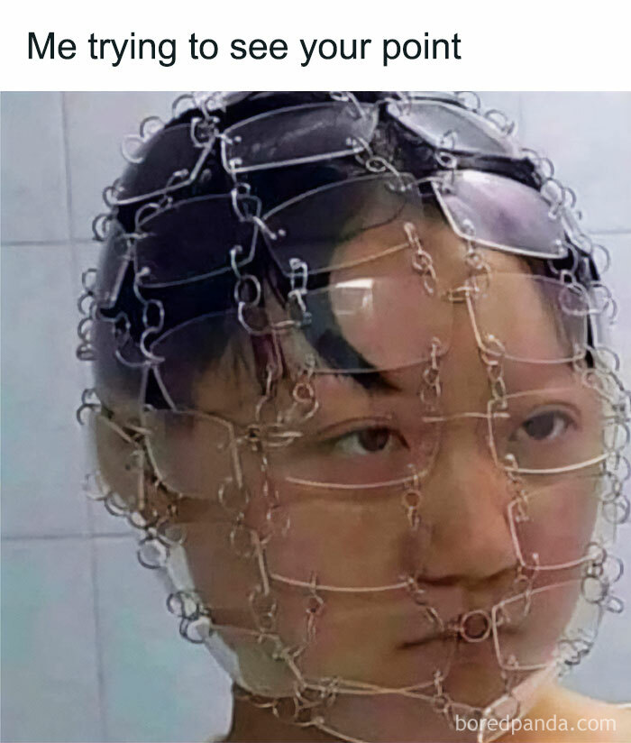 Person wearing multiple overlapping eyeglasses on their face, illustrating a funny meme about seeing different points of view.