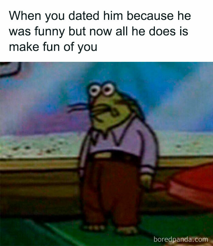Meme featuring a disappointed frog character with caption about dating someone funny who now makes fun of you.