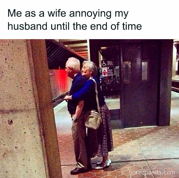 Elderly couple hugging at a train station, funny meme capturing relatable moments for memes that hit too real.