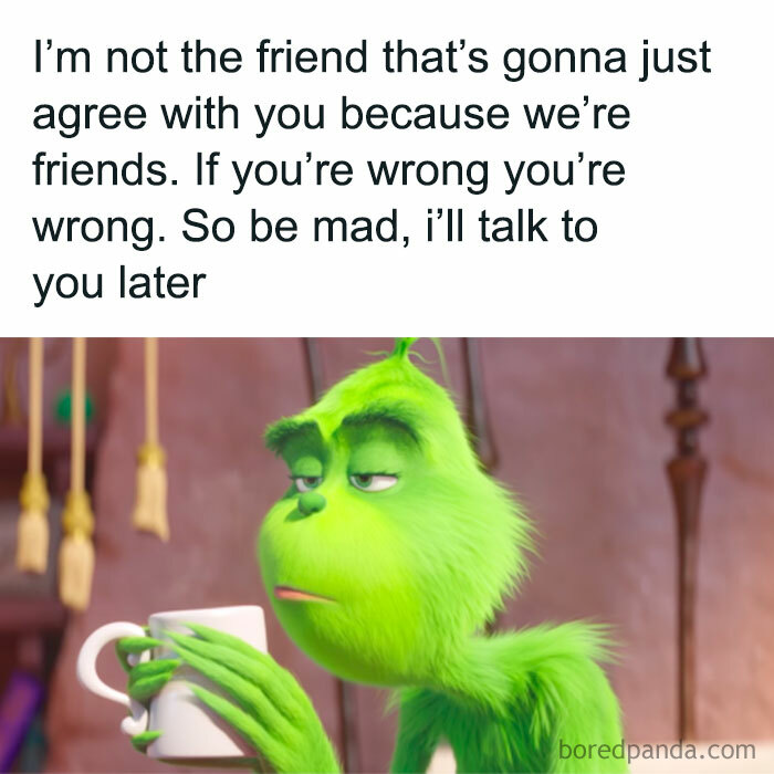 Funny meme featuring the Grinch drinking from a mug with a caption about honest friendship and tough love.