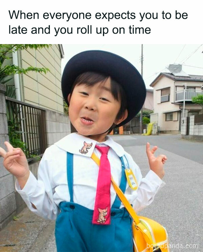 Child dressed in school clothes making a confident face meme representing funny memes that hit too real moments.