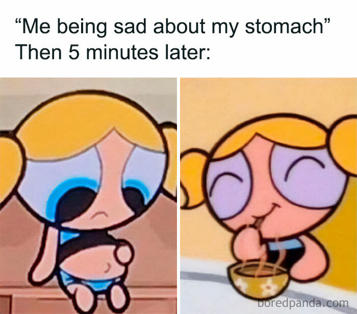 Funny memes showing a cartoon character sad then happily eating, capturing relatable moments that hit you right in the too real part of brain