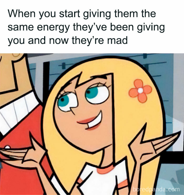 Cartoon character shrugging with caption about giving the same energy and funny memes that hit too real part of the brain.