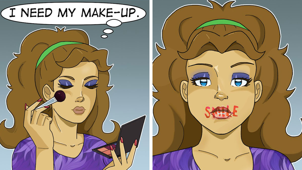 Comic by Eric Salinas showing a woman applying makeup, highlighting relatable emotions and expressions.