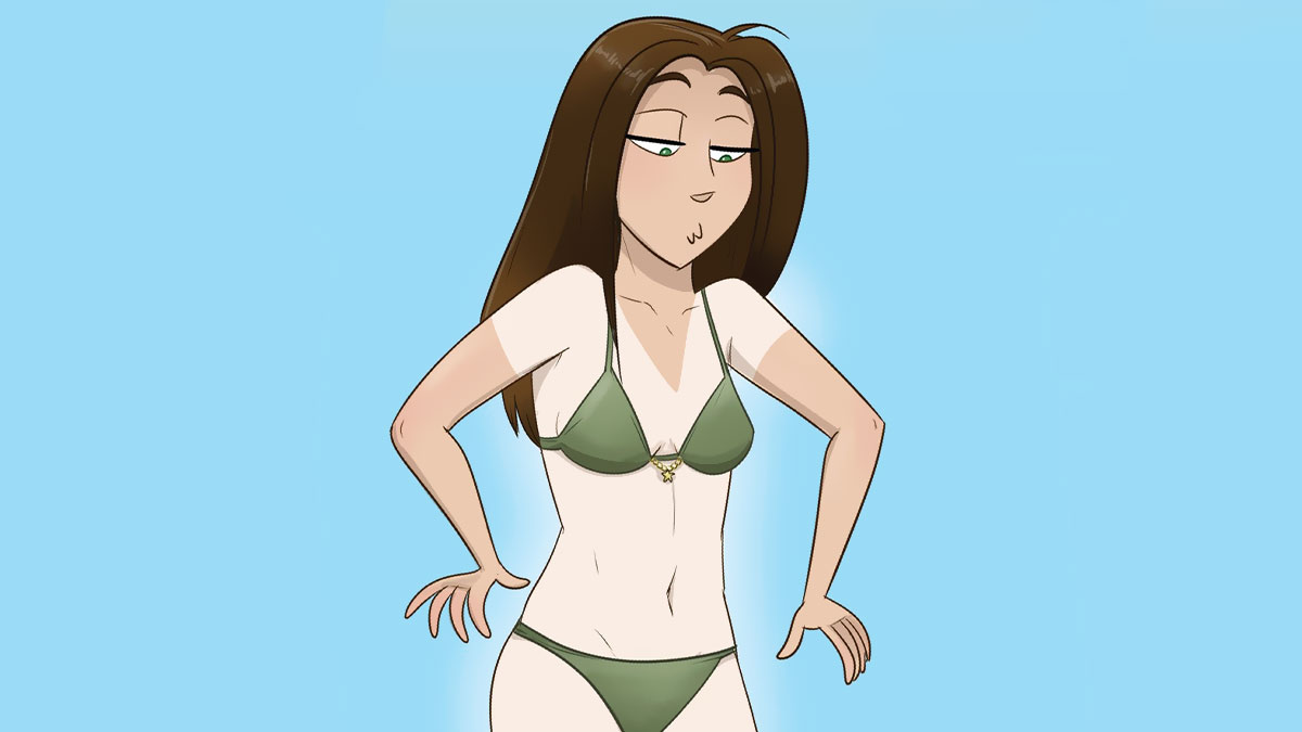 Animated comic of a woman in a green bikini, illustrating funny life moments and everyday chaos with cats and humor.