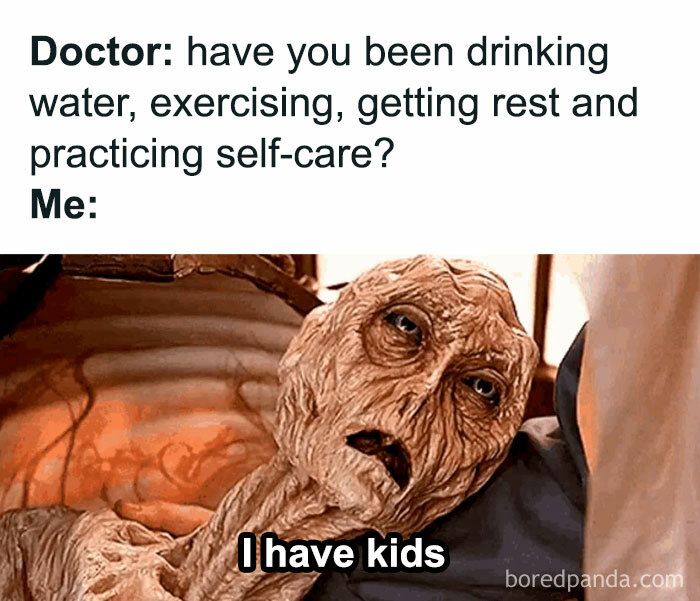 Tired character meme humorously showing the reality of parenting in funny parenting memes.
