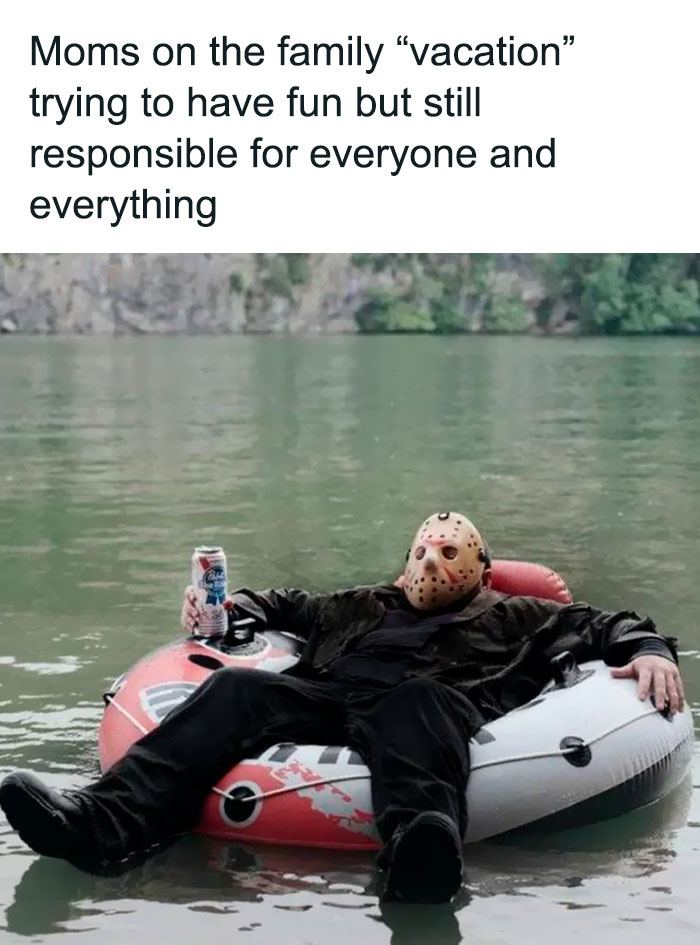 Parenting meme showing a person in a mask floating on a tube, capturing the humor of parenting challenges.