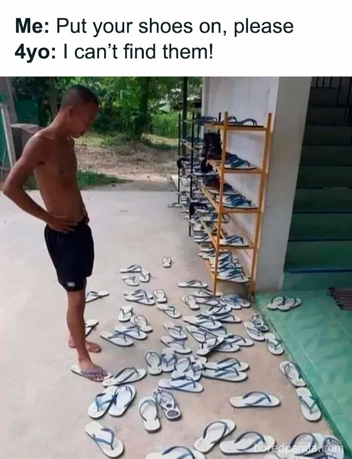 Man standing puzzled next to scattered flip-flops, illustrating funny parenting moments no parenting book can teach.