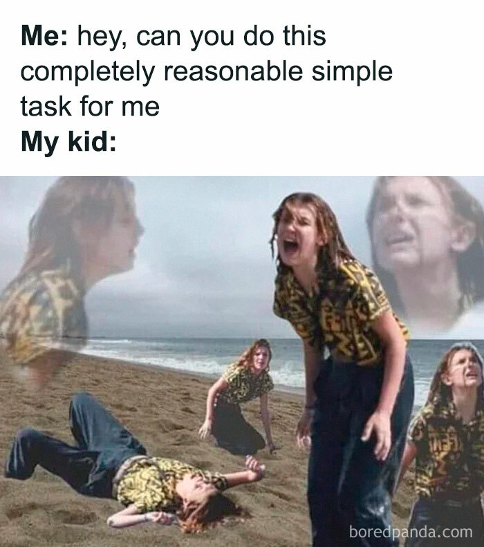 Parenting memes showing kid dramatically reacting on the beach after being asked to do a simple task by parent.
