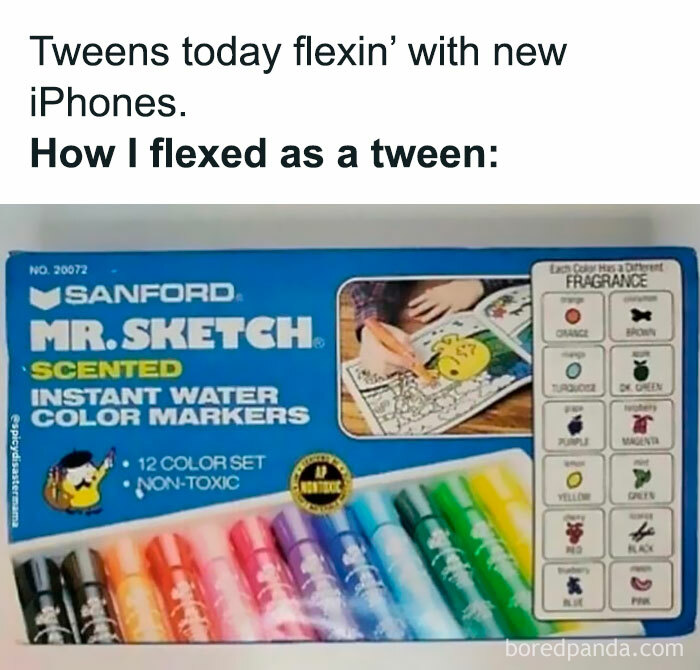 Funny parenting meme showing a vintage Mr. Sketch scented marker set, highlighting things no parenting book can teach.