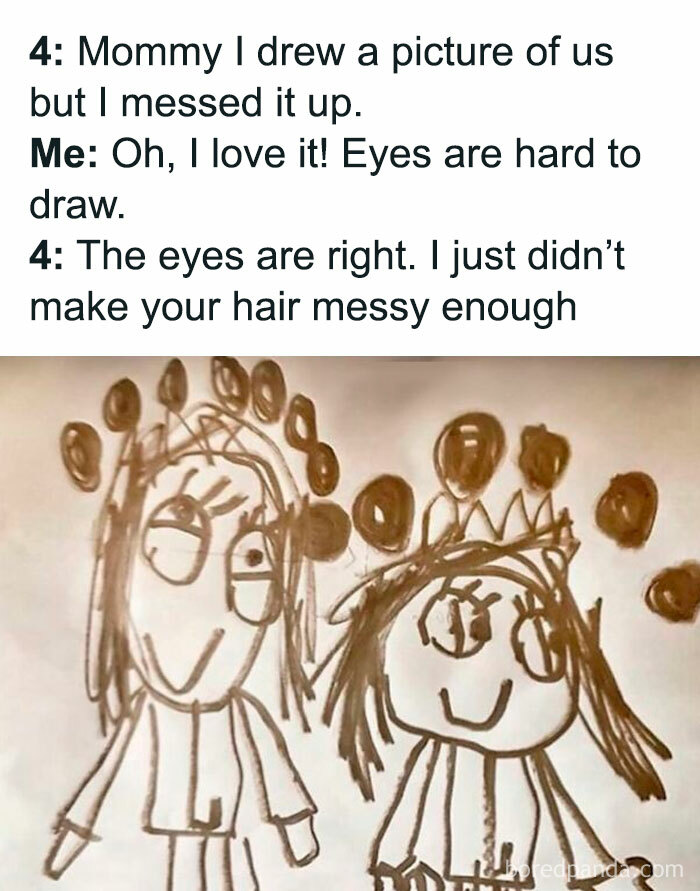 Child's funny drawing of two people with messy hair, illustrating humor in parenting memes about real-life experiences.
