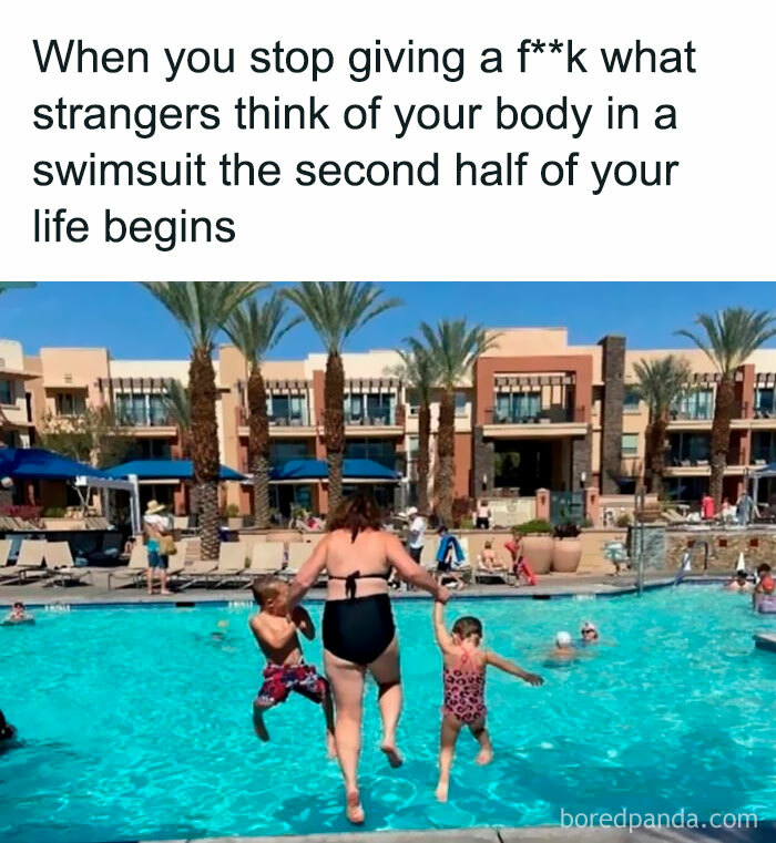 Woman in swimsuit jumping into pool with two kids, capturing a funny parenting moment about body confidence and parenting memes.