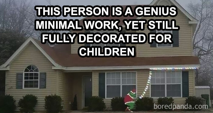 House decorated with Christmas lights pulled down to a child's reach, illustrating funny parenting memes humorously.