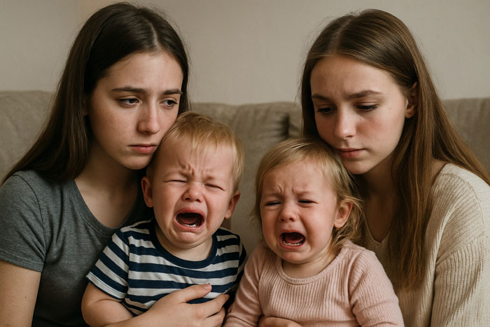 Two sisters comforting crying toddlers, showing a deep relationship between siblings and mom in a quiet indoor setting. Two sisters comforting crying toddlers, showing a deep relationship between siblings and mom in a quiet indoor setting.