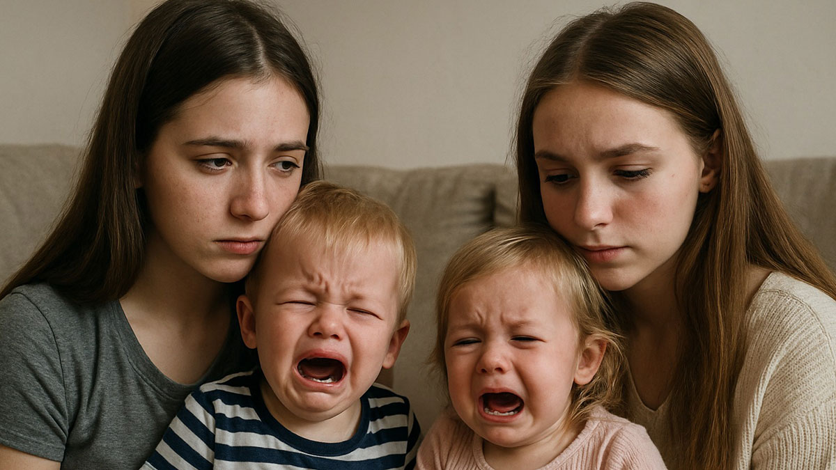 Two teens with distressed expressions comforting their crying toddler siblings at home, reflecting forced parenting challenges.